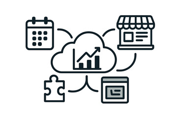 Business data integration network showing cloud analysis, scheduling, retail, and solutions