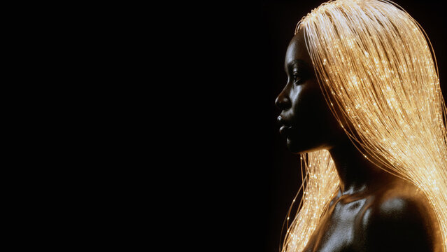 Surreal profile of a Black woman with glowing golden fiber optic hair against a dark background, symbolizing high speed connectivity and afro futurism technology