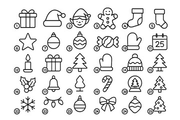 Minimalist line icons featuring various Christmas and winter holiday symbols and festive elements