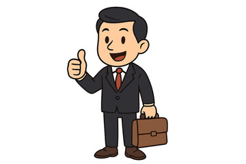 Professional businessman in dark suit giving thumbs up gesture and holding briefcase