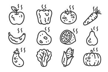 Outline icons set of rotten and spoiled fruits and vegetables emitting foul odor