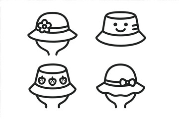 Minimalist outline icons of summer hats and bucket hats for sun protection