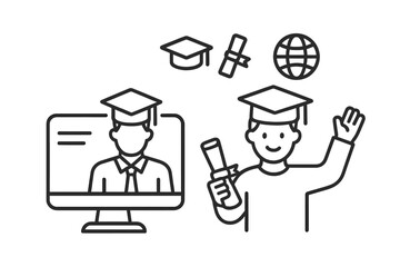 Online graduation ceremony showing student holding diploma and virtual professor