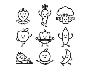 Adorable anthropomorphic fruits and vegetables exercising, running, and practicing yoga for health and wellness
