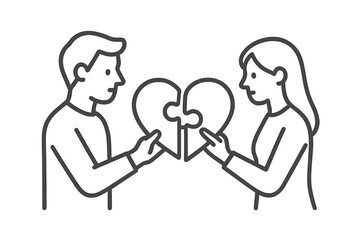 Two people connecting heart puzzle pieces symbolizing partnership and relationship