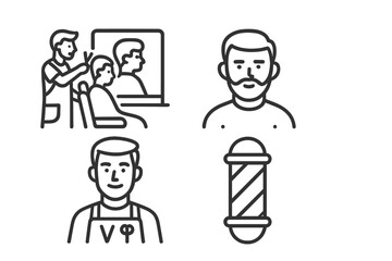 Professional barbershop service icons, barber pole, haircut tools, and male client portraits