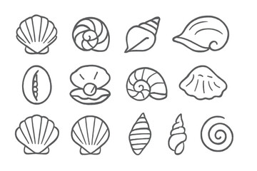 Simple outline icons depicting various ocean seashells, spiral shells, and clam with pearl