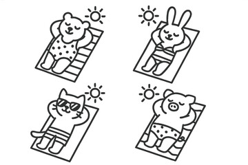 Adorable cartoon animals sunbathing on beach towels during summer holiday