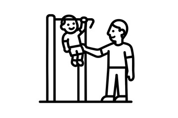 Adult male assisting a small child hanging from a pull-up bar during physical fitness training and family bonding activity