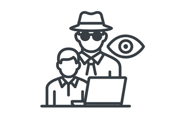 Digital espionage and online surveillance concept with a spy figure and laptop