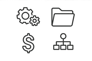 Fototapeta premium Essential business icons set including settings, folder, finance, and organizational structure symbols