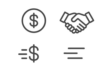 Financial transaction symbols including handshake, dollar coin, and speed