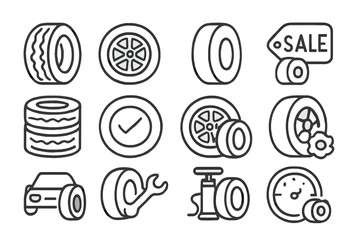 Outline symbols representing automotive tire and wheel service maintenance and repair