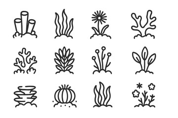 Fototapeta premium Simple line icons of underwater plants, coral, marine algae, and seaweed
