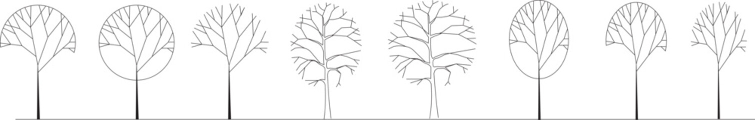 Minimal Tree Line Art Set – Outline Winter Trees Vector Illustration - design section/ elevation