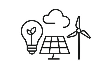 Sustainable energy icons featuring solar panel, wind turbine, lightbulb, and cloud