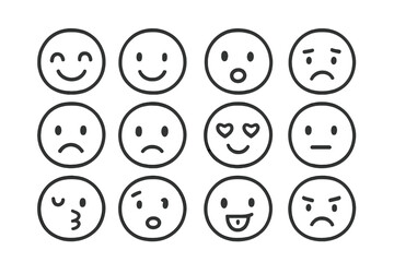 Twelve different facial expressions represented by minimal black and white circular icons