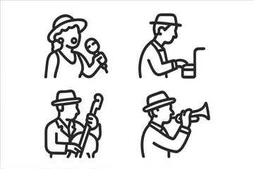 Minimalist line art portraits of a jazz band ensemble performing live music