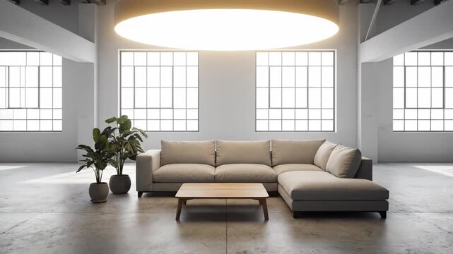 A spacious, modern loft transforms from empty to furnished. Minimalist furniture and plants appear in this bright, industrial space.