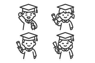 Four smiling graduates celebrating achievement with diplomas and mortarboard caps