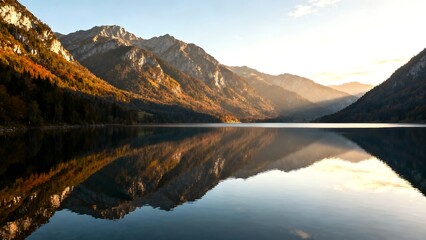 Mountain Lake Reflection at Sunrise with Clear Still Water