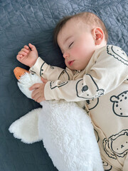 Sleeping Baby with Plush Duck Toy Overhead
