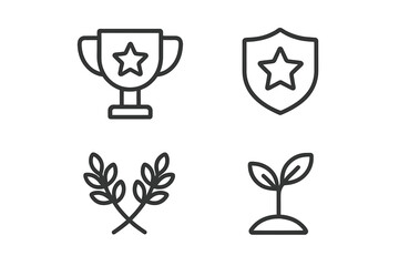 Success and achievement symbols featuring trophy, shield, laurel wreath, and seedling