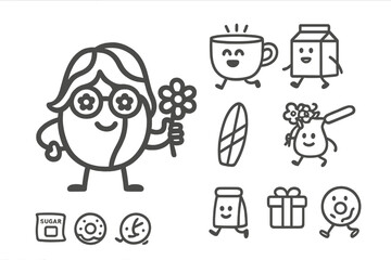 Cute anthropomorphic food and beverage characters drawn in simple minimal line art style