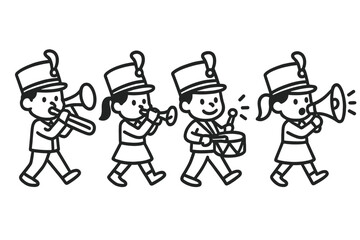 Adorable cartoon children marching in a parade band playing instruments and using a megaphone