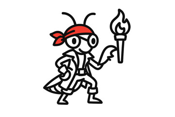 Cute cartoon insect character dressed as a pirate holding a burning torch