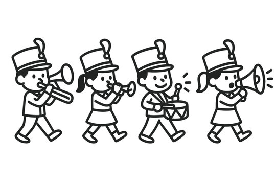 Adorable cartoon children marching in a parade band playing instruments and using a megaphone
