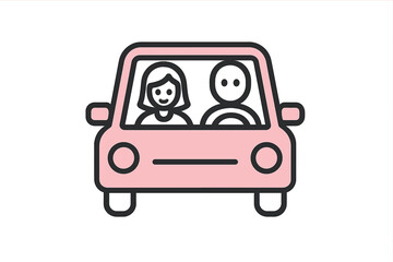 Front view of a pink automobile carrying a driver and passenger on a journey