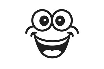 Simple black and white cartoon face with wide eyes and a big happy laughing smile expression