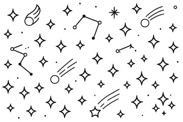 Cosmic elements including sparkling stars, abstract constellations, and falling comets