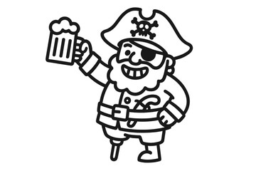 Happy cartoon pirate character raising a mug of beer in a celebratory toast