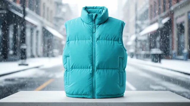 A turquoise puffer vest unfolds on a white surface. It stands ready for the snowy city street background.