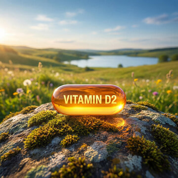 Golden Vitamin D2 Supplement Capsule Resting on a Mossy Rock in a Serene, Sunlit Natural Landscape with a Lake