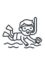 Cheerful boy snorkeling and swimming in the ocean holding a seashell during summer vacation