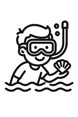 Smiling person wearing snorkeling gear holding a seashell while swimming in the ocean waves