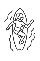 Female surfer riding a large ocean wave on a surfboard during summer water sports