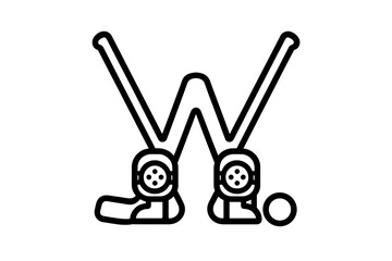 Minimalist black outline design showing golf clubs and ball arranged in a stylized letter W shape