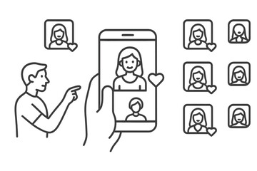 Digital communication concept showing social media interaction with user profiles and smartphone likes