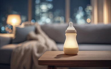 Warm baby milk bottle on wooden table in cozy night room.