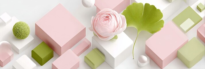 Pink and green floral geometric composition with rose and ginkgo leaf