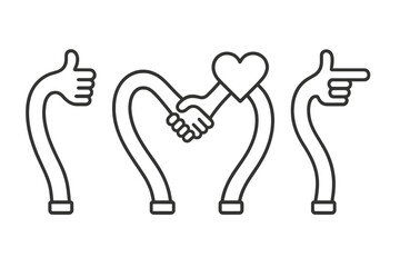 Abstract hand symbols showing thumbs up, heart handshake, and pointing direction