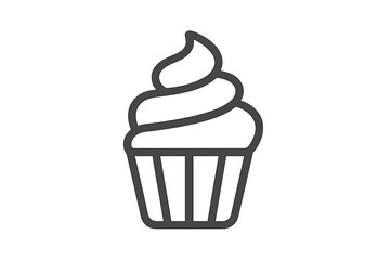 Minimalist line art drawing of a sweet cupcake with swirled frosting in a baking cup wrapper for bakery menus