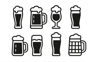 Set of eight outline icons showing various beer glasses and mugs with foam