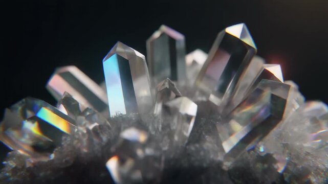 Close-up of beautiful crystals with rainbow reflections on dark background.