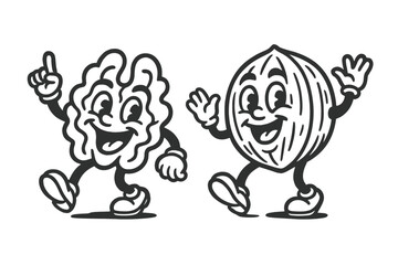 Happy vintage cartoon characters of a walnut kernel and a whole nut walking together