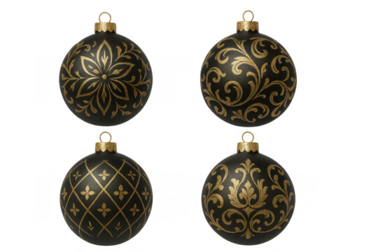 Black and gold christmas baubles set on transparent background